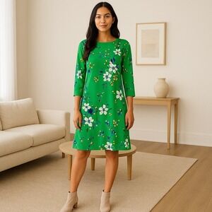 Lauren Ralph Lauren Green Floral Shift Dress 3/4 Sleeve Knee Length Zip Back